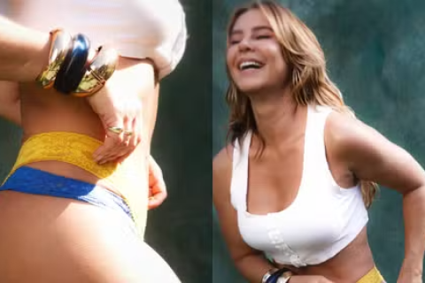 De lingerie nas cores do Brasil, Paolla Oliveira revela superstição para Copa e web reage: 'O Hexa tá com ela'